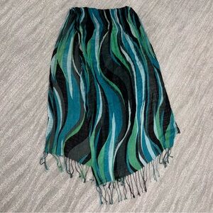 Selini 100% Linen Rectangle Scarf/Shawl W Fringe Wave Pattern Boho Colorful